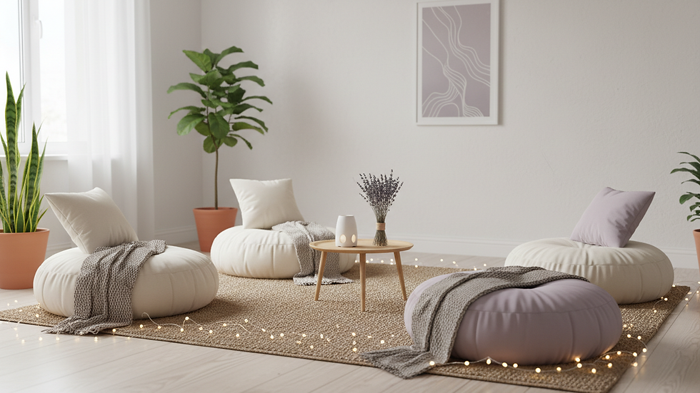 Eye-level view of a serene meditation space with cushions and soft lighting