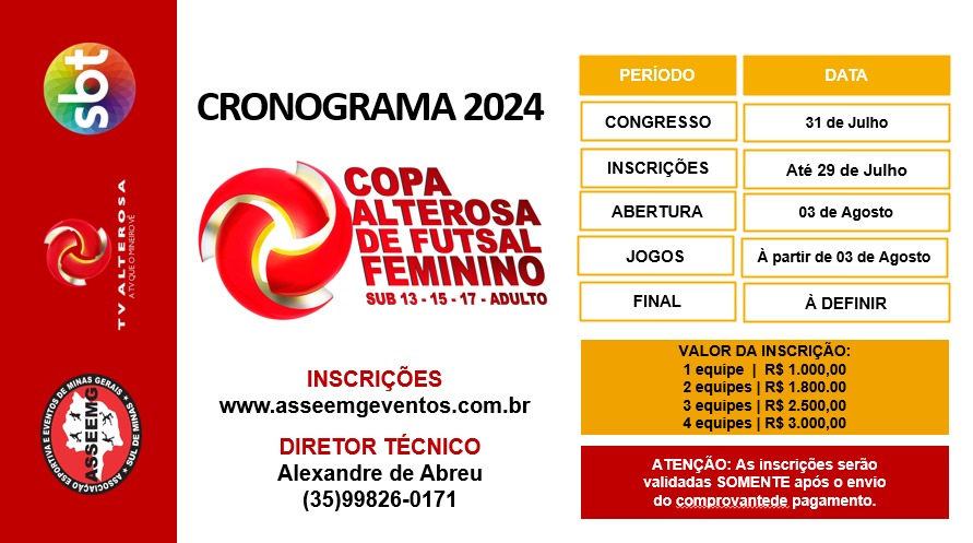 INSCRIÇÕES COPA ALTEROSA DE FUTSAL FEMININO - SUB 13/15/17 E ADULTO