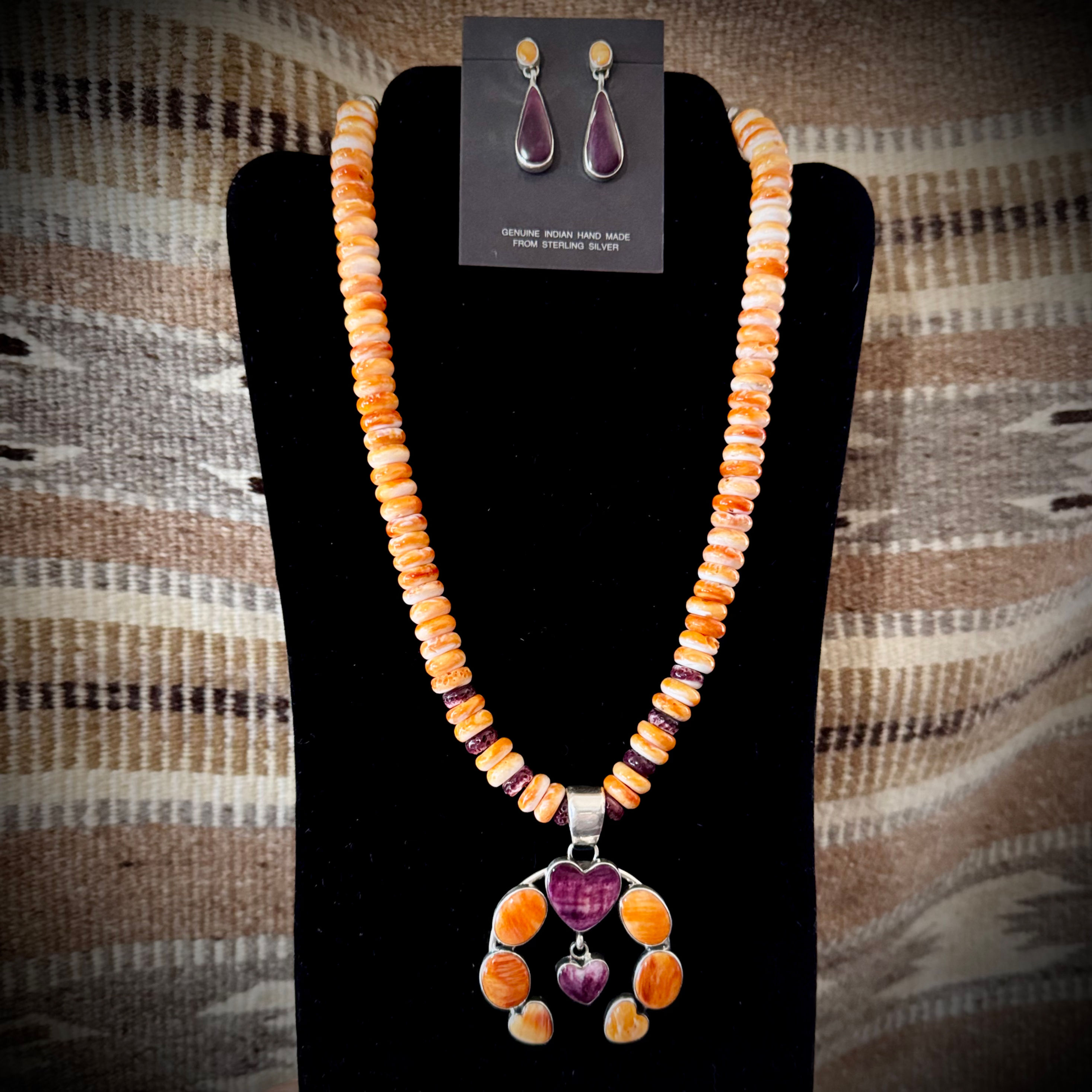 Navajo handmade SS Orange and Purple spiney oyster Naja Necklace set