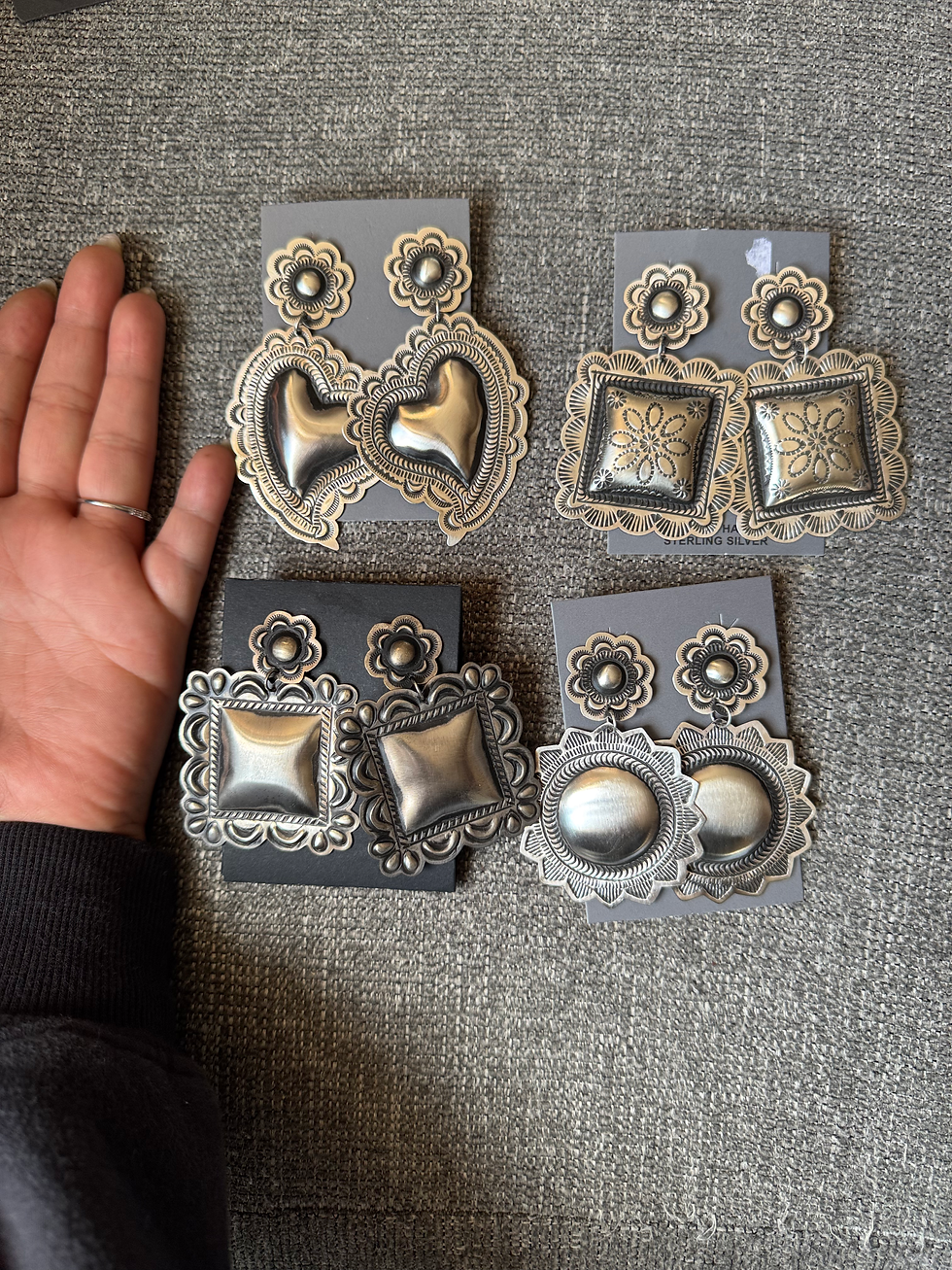 Thumbnail: Navajo handmade SS Repousse large concho earrings 