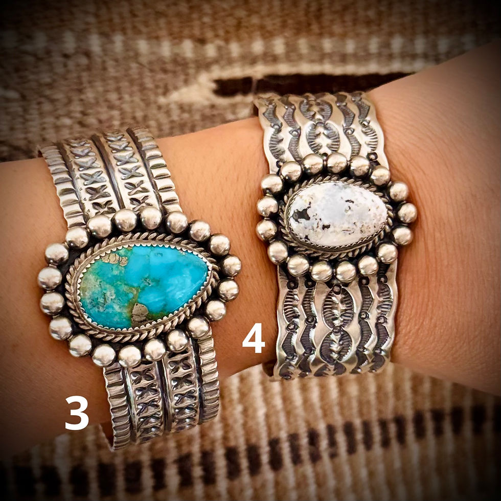 Thumbnail: Navajo handmade Elroy & Bernadine Chavez SS heavy stamp cuffs w/Stone 