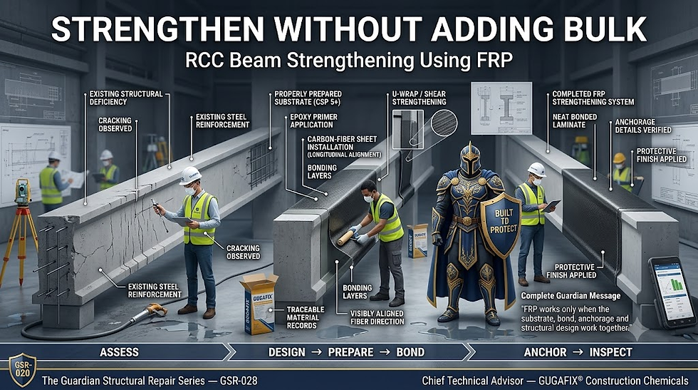 Reinforcing RCC Beams: An Illustrated Guide to Using FRP for Effective Strengthening Without Adding Bulk, Featuring the Guardian Structural Repair Process.