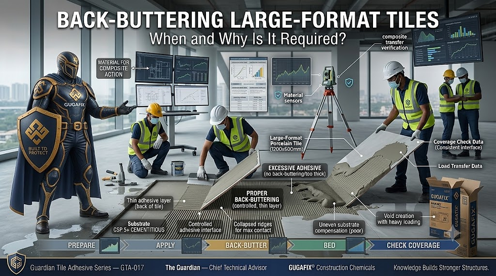 How to Properly Back-Butter Large-Format Tiles: This detailed illustration explains the necessity and process of back-buttering for large-format tiles to ensure optimal adhesion and material integrity. Key components include the use of thin adhesive layers, controlled interface, and material sensors for composite action.