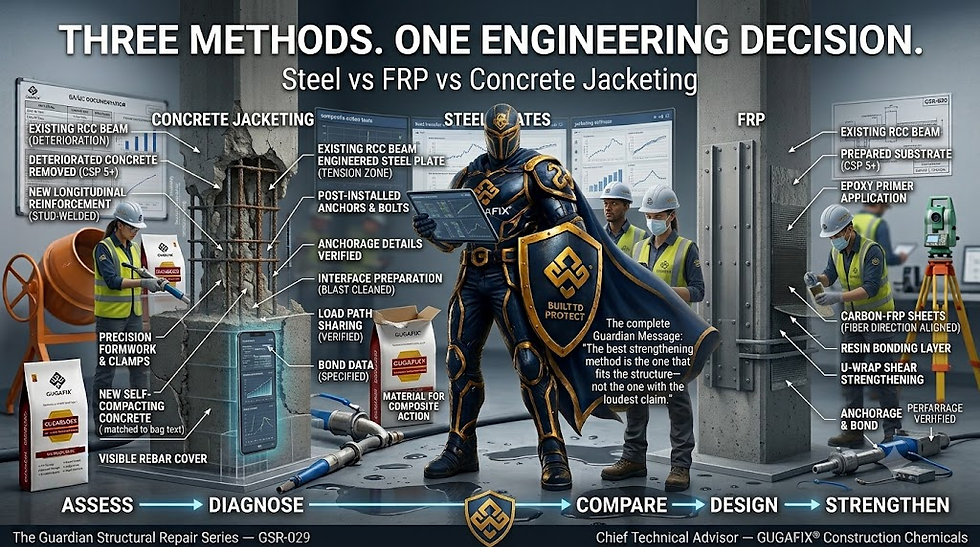 Comparison of Engineering Methods: Steel, FRP, and Concrete Jacketing for Structural Repair.