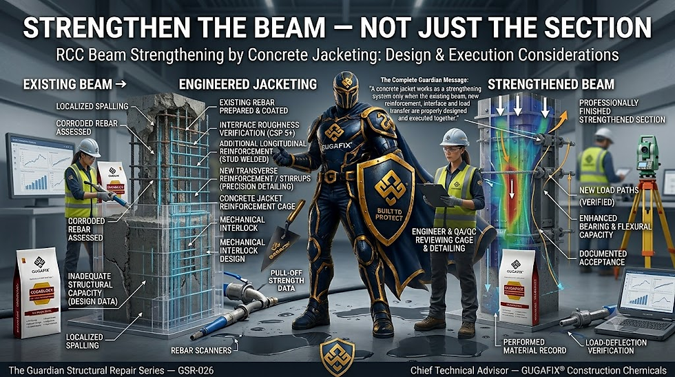 Illustrative guide on RCC beam strengthening through engineered concrete jacketing, highlighting assessment, reinforcement, and execution processes for structural enhancement.