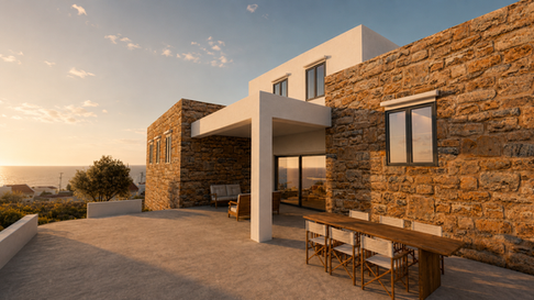 Modern outdoor dining terrace with natural stone architecture in Kasos, Greece.