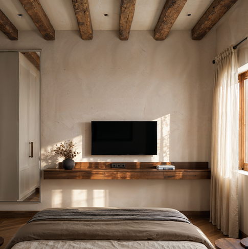 Minimal bedroom TV wall with floating timber cabinetry, textured plaster finishes and exposed wooden ceiling beams in a Karpathos private residence.