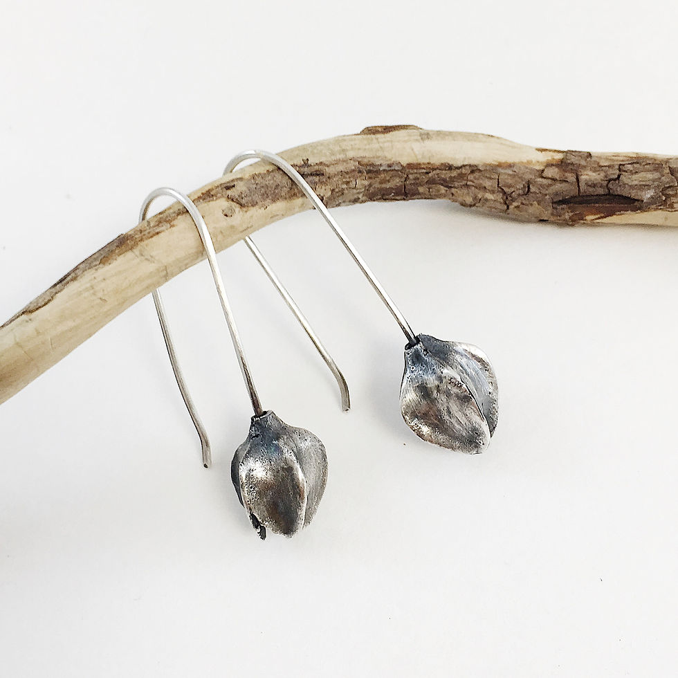handmade jewelry, PMC earrings, silver flower bud earrings, handcrafted earrings, earth jewelry