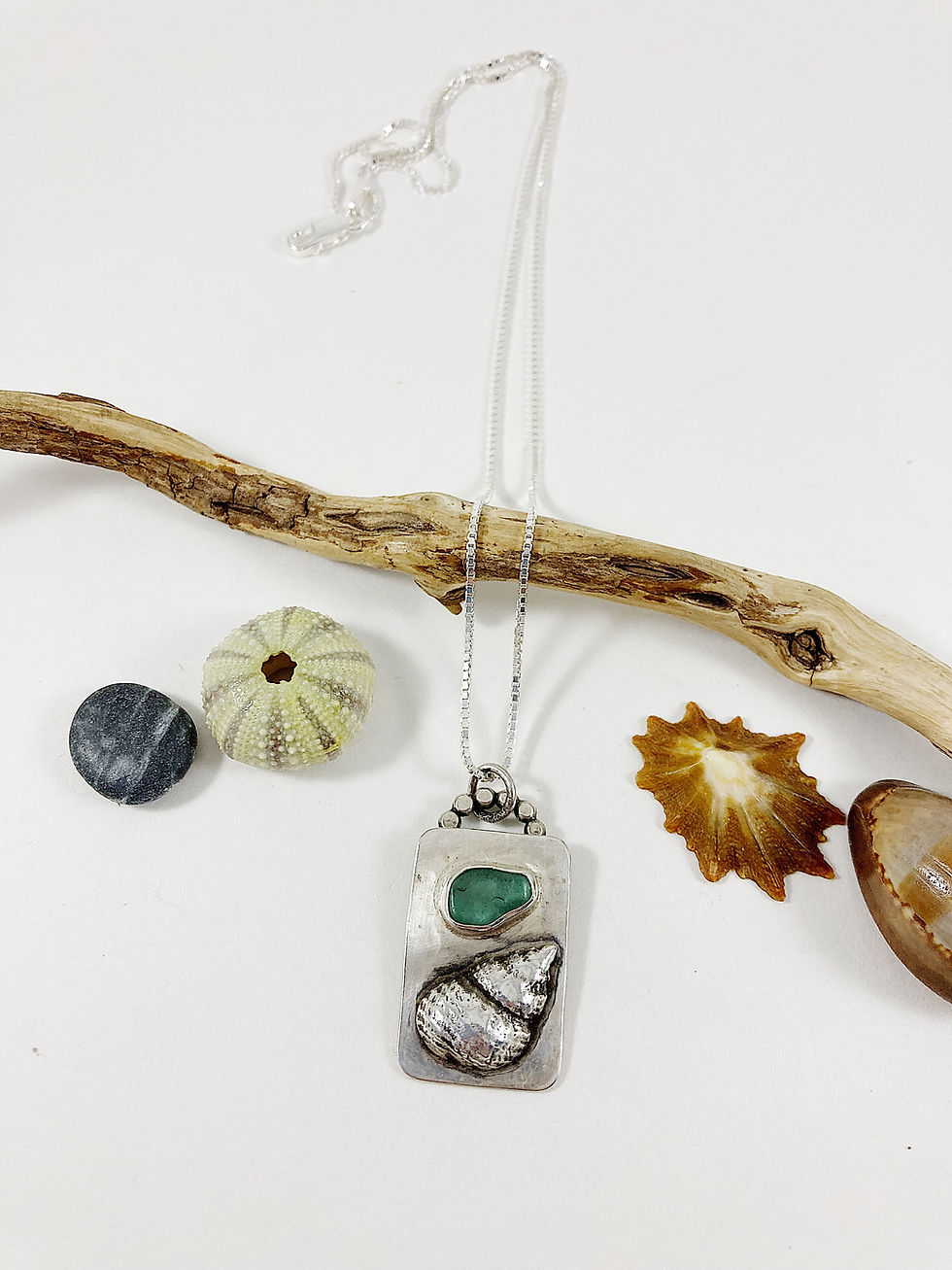 Thumbnail: teal sea glass pendant, sea glass jewelry, sea glass necklace, Nature jewelry, silver shell jewelry, Olympia custom jewelry