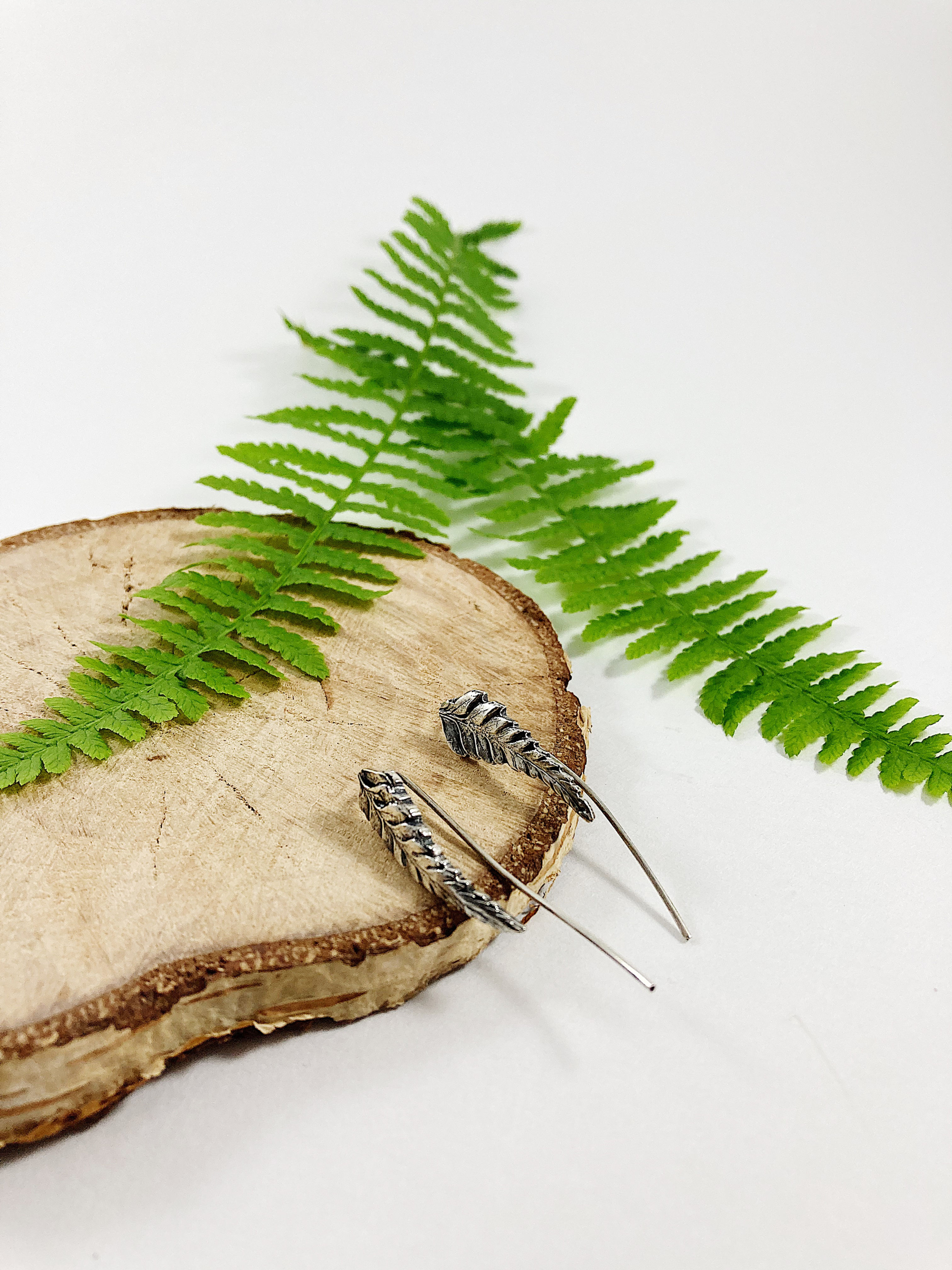 fine silver fern ear crawlers, minimalist jewelry, fern earrings, nature jewelry jewellery, leaf ear crawlers