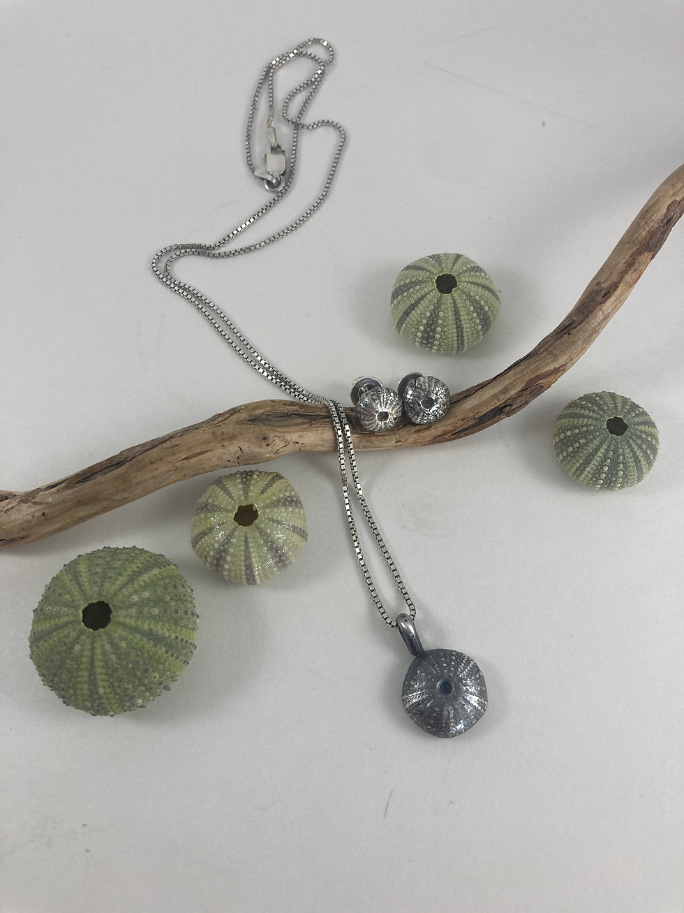 sea urchin silver stud earrings and pendant , silver shell earrings, Olympia Farmers Market, beach jewelry, PMC jewelry