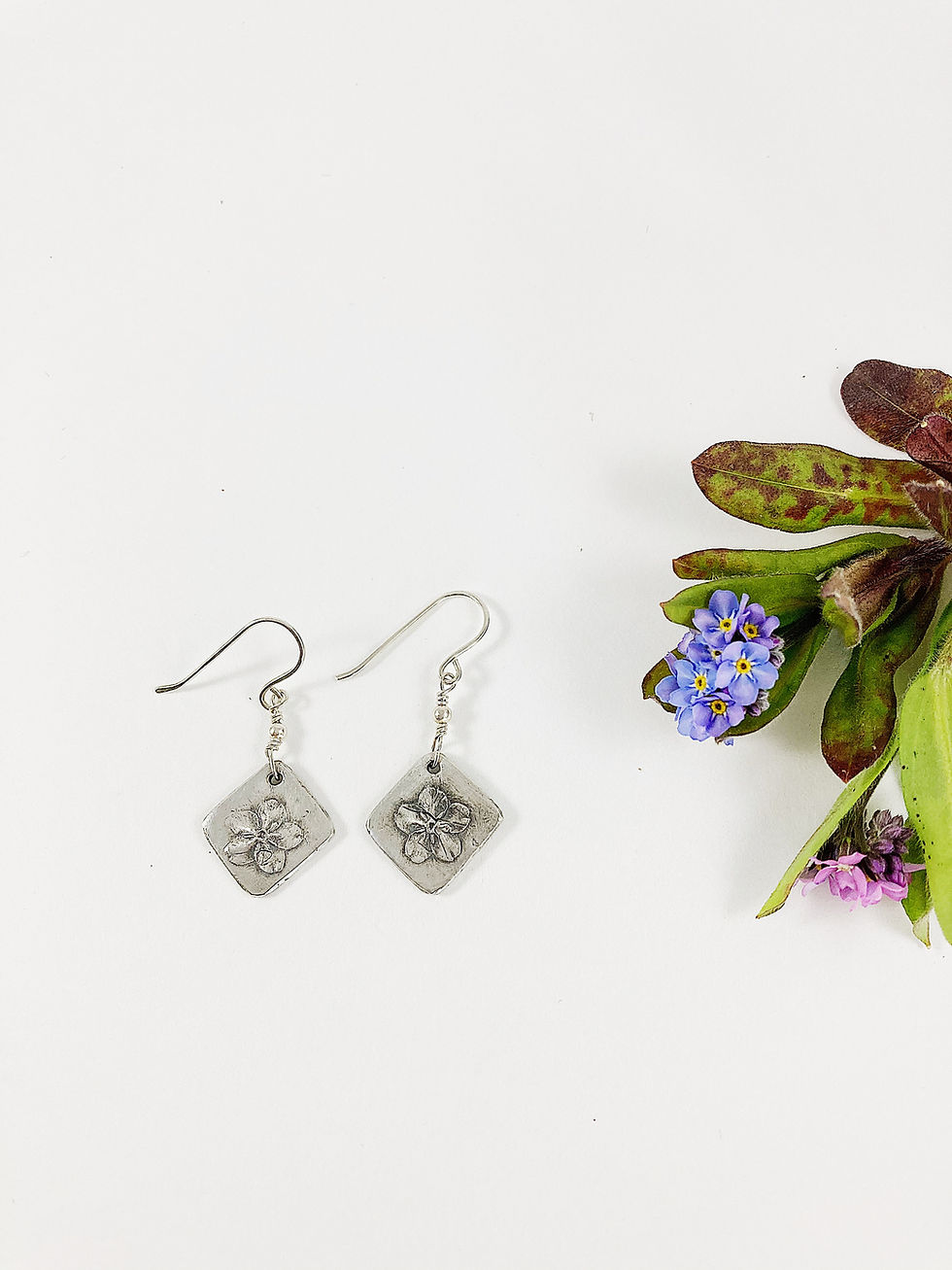 silver forget me not drop earrings, PMC jewelry, botanical jewelry, flower stud earrings, silver jewelry, nature jewellery
