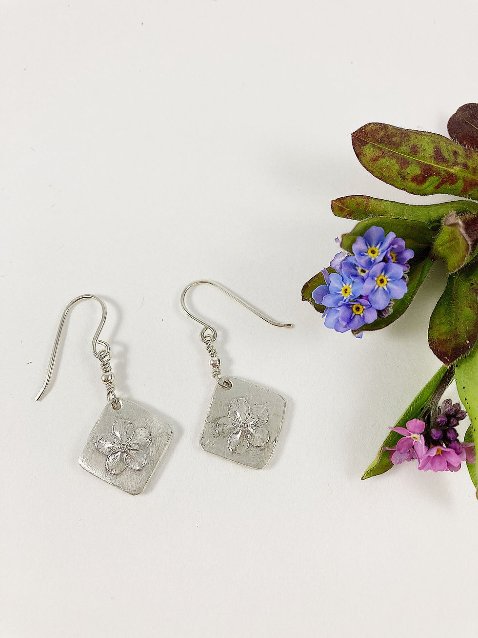 silver forget me not drop earrings, PMC jewelry, botanical jewelry, flower stud earrings, silver jewelry, nature jewellery