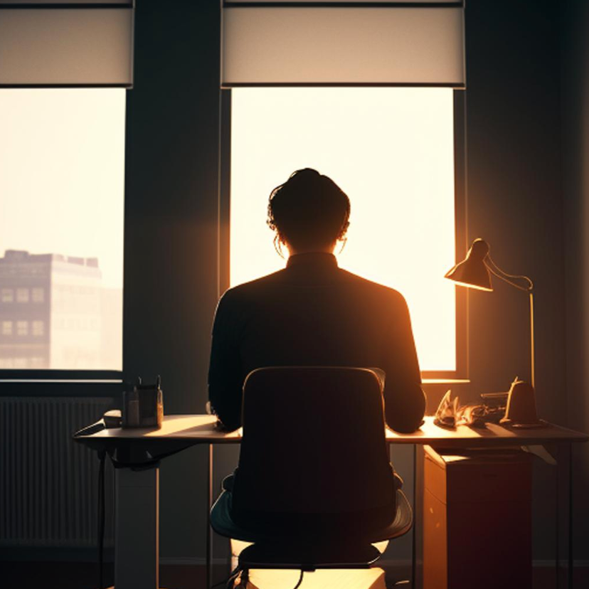 A man working at his desk at sunset