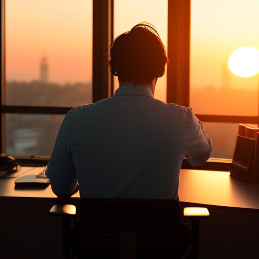 A man at his desk still working at sunset