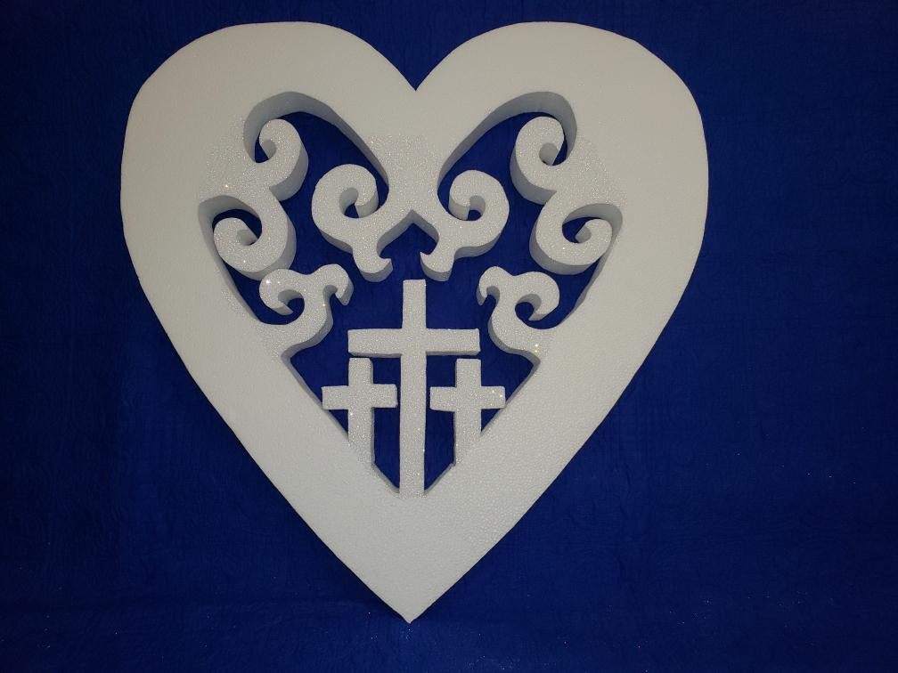 Styrofoam Heart with cutout Scrollwork and  Crosses