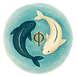 Two koi fish circling the phi symbol in soft watercolor style, representing balance, mindfulness, and philosophical counselli