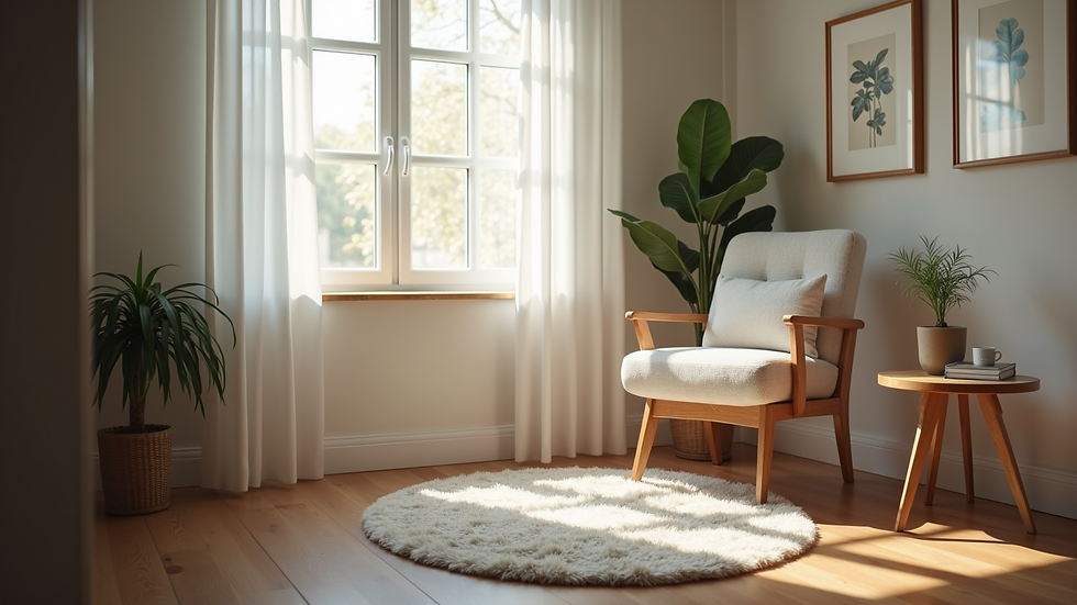 High angle view of a therapist's office with a comfortable chair and soft lighting