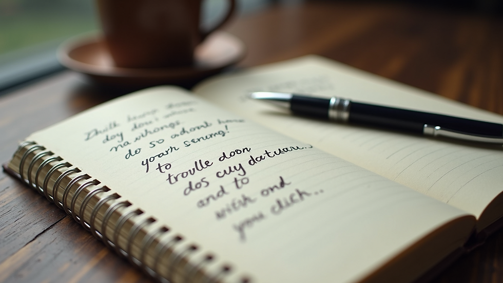 Close-up view of a notebook with philosophical notes and a pen