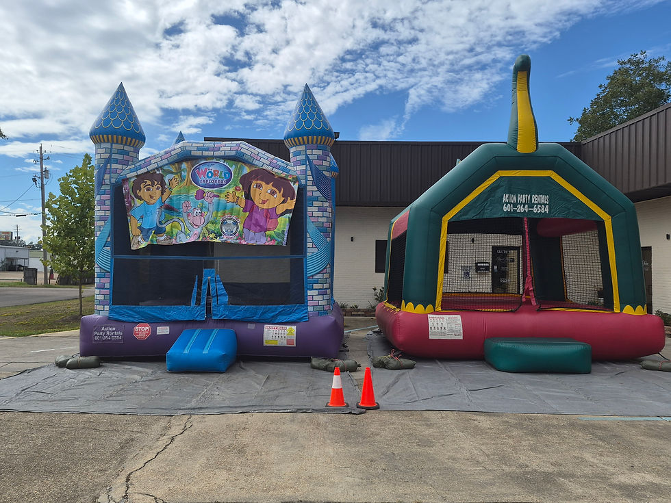 Bounce houses blue castle and dinosaur size relative to a building hattiesburg