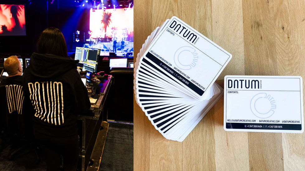 Behind-the-scenes event production photography featuring branded Datum crew apparel alongside a collection of custom printed
