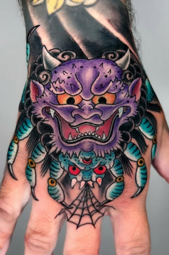 Japanese Spider Mask Hand Tattoo