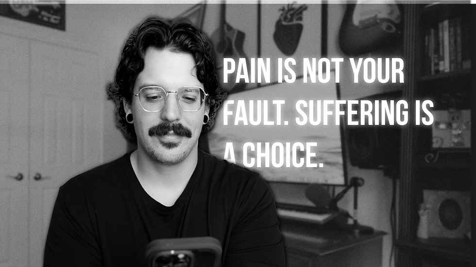 Black-and-white portrait of a man with glasses and mustache; bold text reads PAIN IS NOT YOUR FAULT. SUFFERING IS A CHOICE.