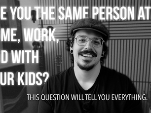 Smiling man in glasses and cap indoors, with large text asking: Are you the same person at home, work, and with your kids?