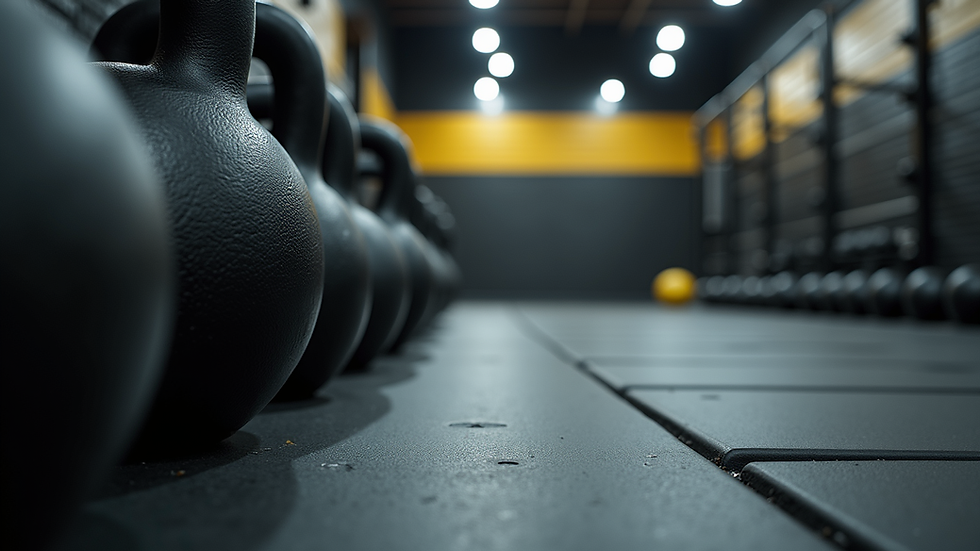 Eye-level view of a CrossFit box with barbells and kettlebells neatly arranged