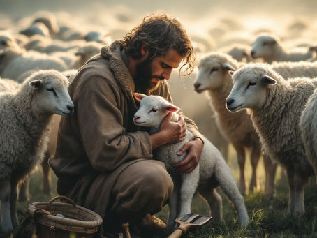 A shepherd gently cradling a lamb among a flock of sheep.
