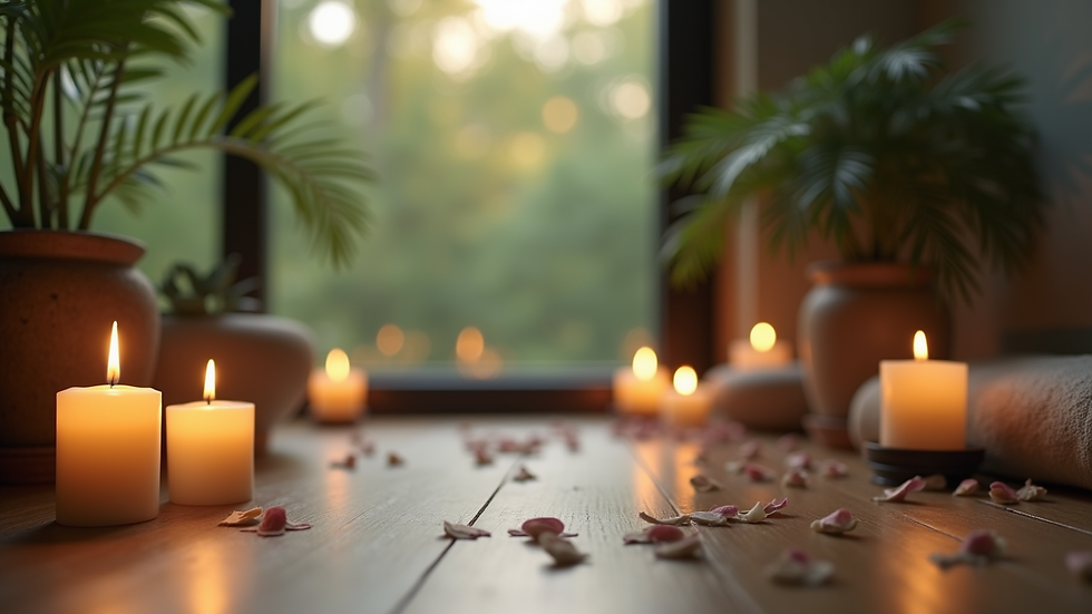 Close-up view of a serene meditation space with candles and plants