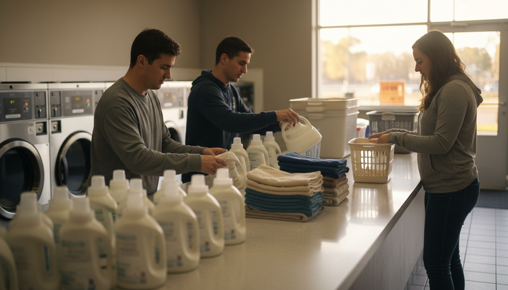 Eye-level view of volunteers placing detergent and laundry baskets on a laundromat counter