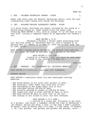 Page 2 of Short Film Concept Script, Forever Fearlessly Forward, written by George Skinner