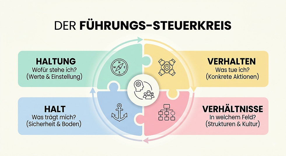 Bildbeschreibung: Halt und Haltung - Verhalten und Verhältnisse bilden einen vierfarbigen Kreislauf, die Elemente bedingen einander.