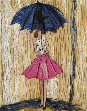 Girl with umbrella in pink skirt and polka dot top - art figure by Lindsey McTavish artwork