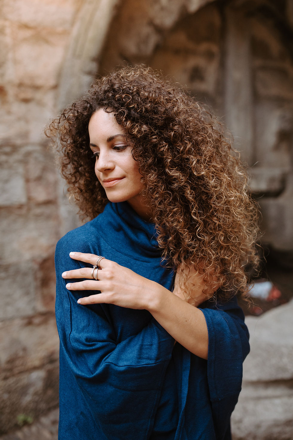 Miniature : Woman wearing sustainable turtleneck poncho in flight blue colour - Lindsey M collections