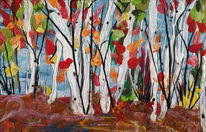 Felted Canadian fibre art of birch trees in autumn, bright red and orange and green leaves layered with texture and light, handcrafted by lindsey Mctavish