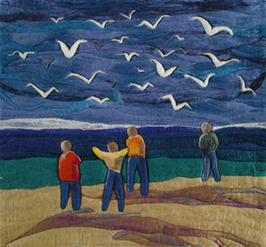 Group of kids watching seagulls by the water, felted fibre-art by internationally published artist Lindsey McTavish from Canada