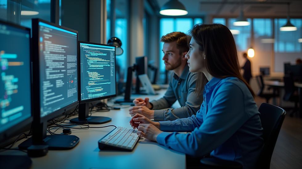 High angle view of a software development team collaborating with automated compliance tools