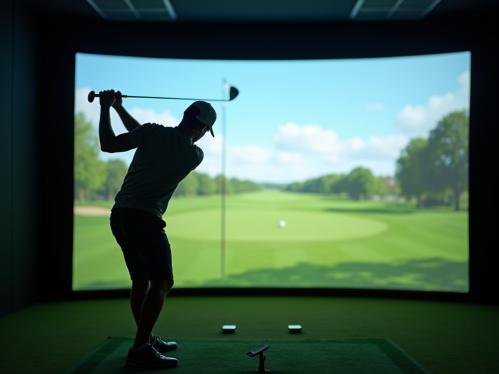Golfer using an indoor golf simulator at The Grove, showcasing advanced training technology available to members.