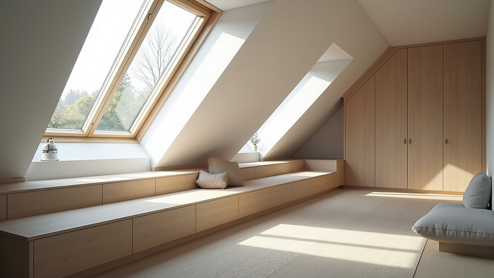 High angle view of a loft conversion with built-in storage and skylights