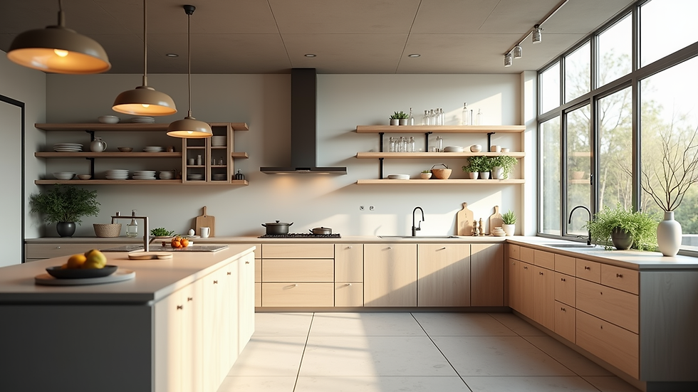 Eye-level view of a modern kitchen layout with open shelving and natural light
