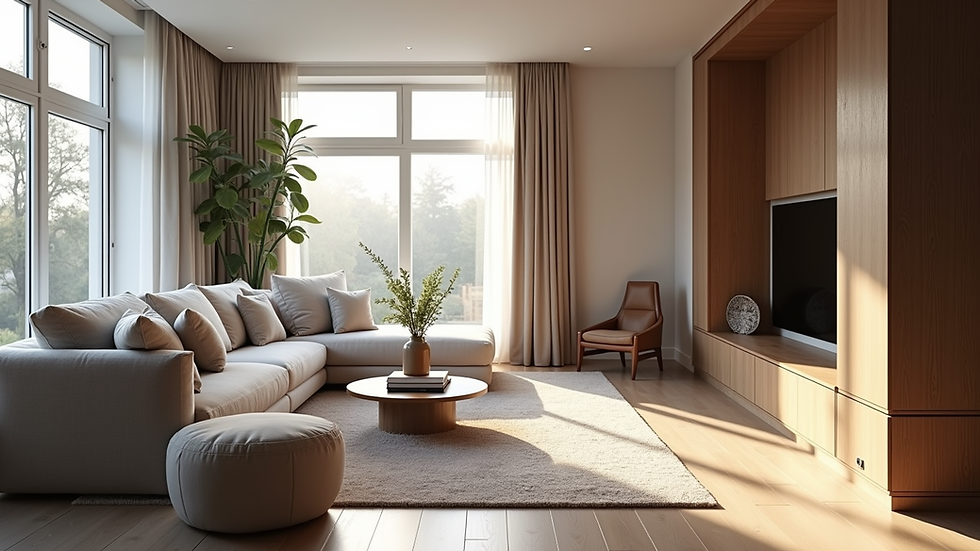 Eye-level view of a modern living room with bespoke furniture and natural light
