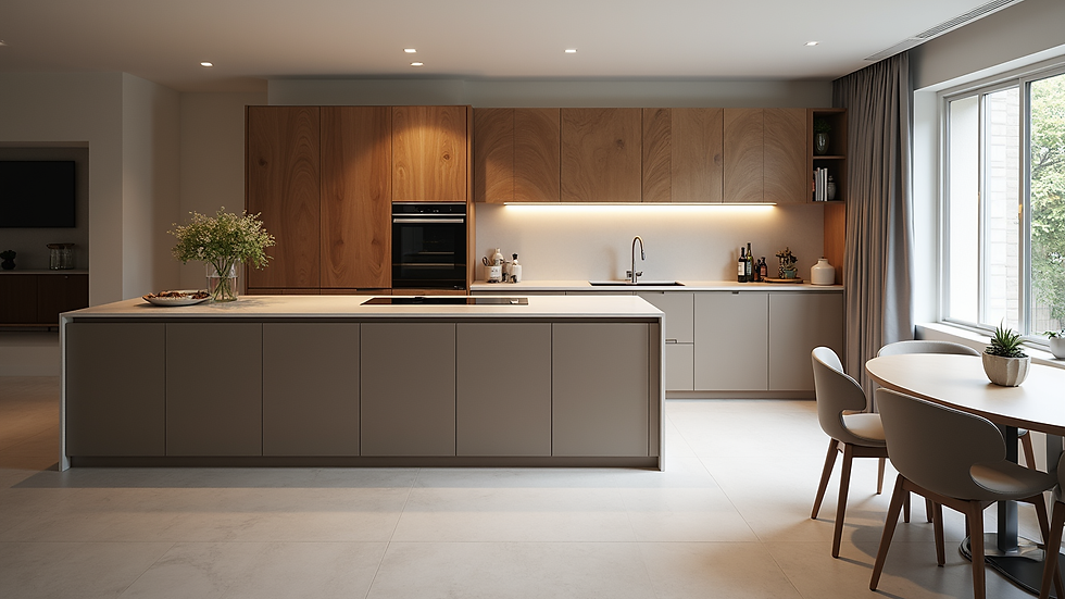 High angle view of a bespoke kitchen with integrated appliances and custom cabinetry