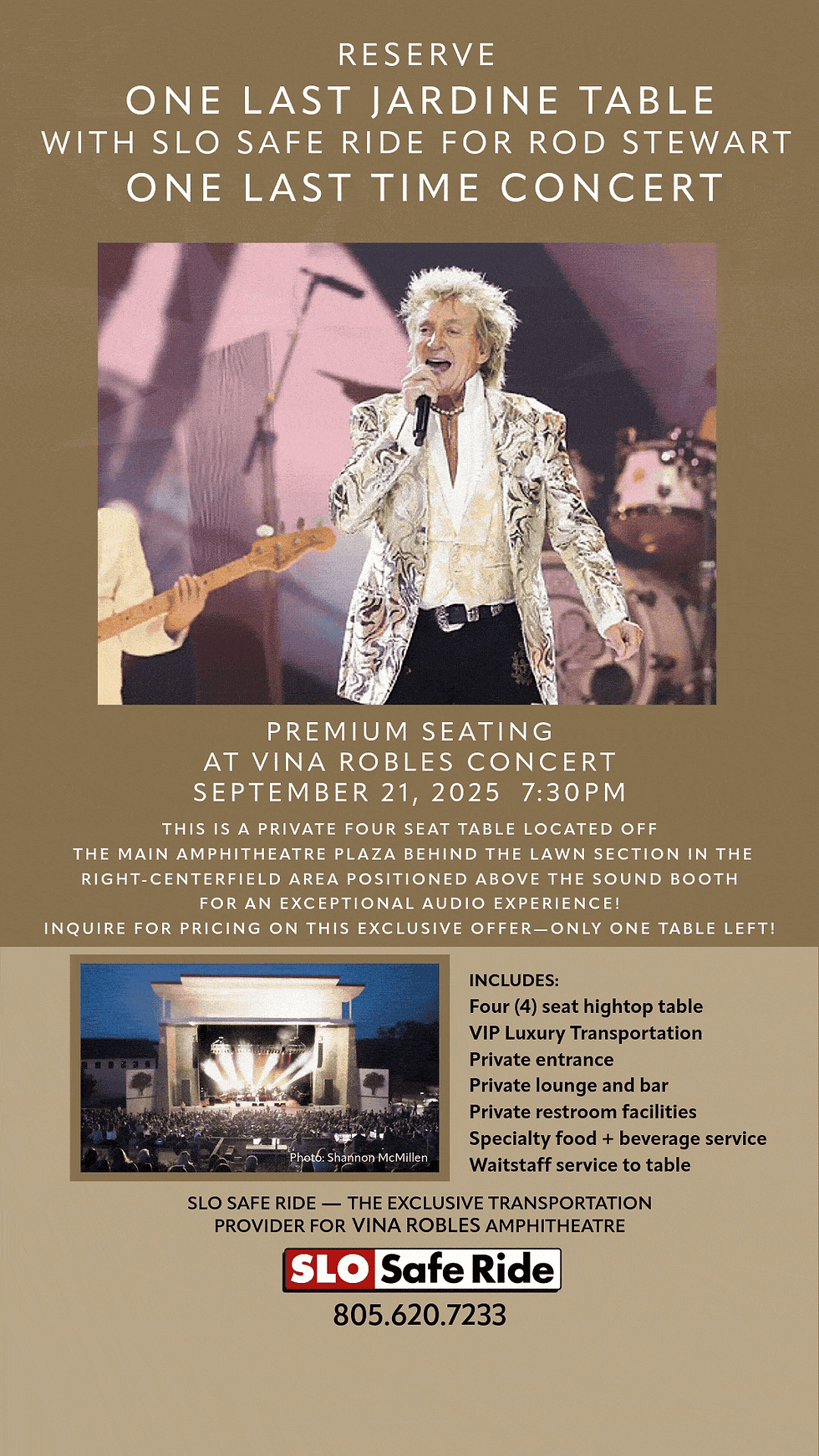 Concert promo for Rod Stewart's Vina Robles show on Sep 21, 2025. Features tableside details and SLO Safe Ride info. Gold and white design.