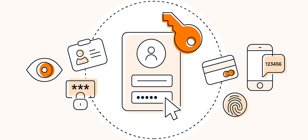 Online login form surrounded by keys, credit cards, phone, fingerprints, and digital IDs