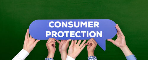 6 Hands Holding Word Bubble Saying, Consumer Protection