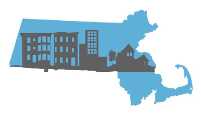 Massachusetts State Outline With Silhouette of Several Housing Buildings