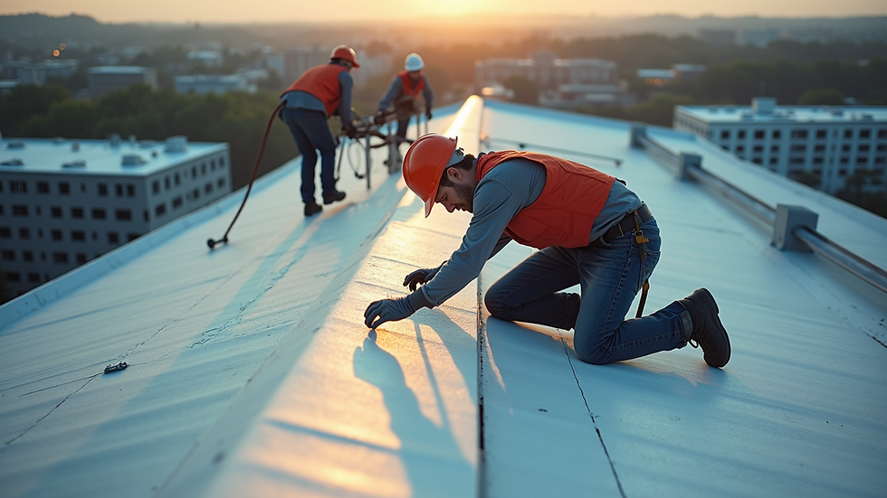 High angle view of roofing professionals repairing a commercial roof