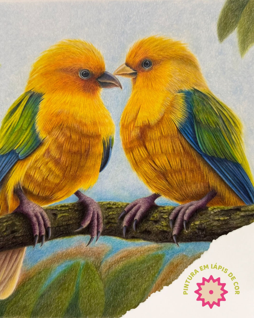 Pássaro amarelo azul casal pássaros verde penas galho lápis de cor arte tradicional